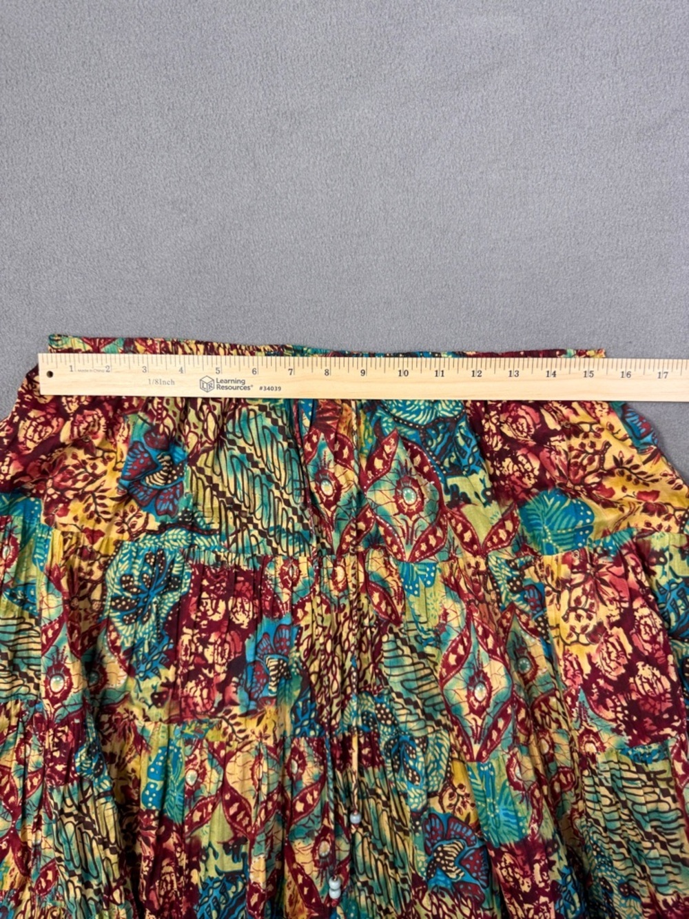 Vintage Y2K Boho Patchwork Pleated Midi Skirt, Ruffle Tiered 100% Cotton, 1X - Picture 7 of 13